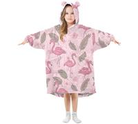 Flamingo Palm Pink Couverture à capuche en flanelle douce avec oreilles et poches, vêtements de nuit chauds pour petites filles, Flamant rose palmier, L