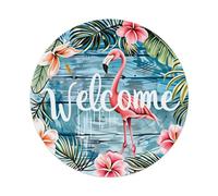 Flamingo Tropical Flowers Welcome Pattern Round Tin Sign Vintage Metal Poster Retro Bar, Maison, Man Cave, Cuisine, Buanderie, Décoration murale Cadeau 20,3 x 20,3 cm