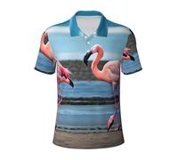 Flamingos On The Beach Polo de golf à manches courtes en coton pour homme avec col classique, Noir , XXL