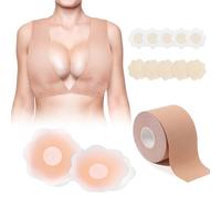Flamint Boob Tape Set, 10 Bandes De Soutien-Gorge Et 2 Cache-Seins en Silicone, Ruban Auto-Adhésif Braless, Étanche, Respirant, Maintien Invisible pour Taille A à G