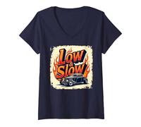 Flammes de Voiture Vintage Low & Slow Hot Rod Cruising T-Shirt avec Col en V, Femme, Bleu Marine, M