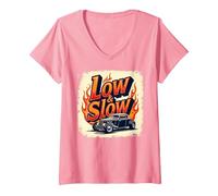 Flammes de Voiture Vintage Low & Slow Hot Rod Cruising T-Shirt avec Col en V, Femme, Rose, L