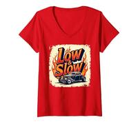 Flammes de Voiture Vintage Low & Slow Hot Rod Cruising T-Shirt avec Col en V, Femme, Rouge, XXL