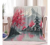 Flanelle Couverture Peinture À L’Encre Mont Fuji Fleurs De Cerisier 180 x 200 cm Couverture Polaires, Jeté de Canapé Chaud et Doux en Peluche Blanc Couvertures de Lit pour Canapé Chaise Camping