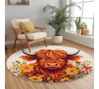Flanelle Tapis Rond à Poils Courts Doux 90 cm, Brun Antidérapant Lavable Tapis Rond pour Le Bureau L'intérieur sous Table à Manger - Illustration Animaux Vache Fleurs Thème