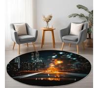 Flanelle Tapis Rond Diamètre 100 cm, Gros Plan Lumières Bâtiments Paysage Urbain imprimé Thème pour Balcon Jardin Salon et Salle à Manger, Coloré Tapis Rond Antidérapant à Poils Courts