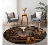 Flanelle Tapis Rond Diamètre 120 cm, Rétro Guitare Thème Western imprimé Thème pour Balcon Jardin Salon et Salle à Manger, Brun Tapis Rond Antidérapant à Poils Courts Décoration de la Maison