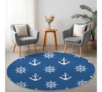 Flanelle Tapis Rond Diamètre 80 cm, Éléments Nautiques Volant Crochet imprimé Thème pour Balcon Jardin Salon et Salle à Manger, Bleu Blanc Tapis Rond Antidérapant à Poils Courts