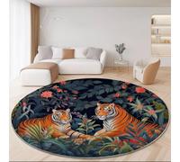 Flanelle Tapis Rond Fantaisie Tigre Plantes Tropicales Thème, Diamètre 160 cm pour Balcon Jardin Salon et Salle à Manger, Coloré Tapis Rond Antidérapant à Poils Courts Décoration de la Maison