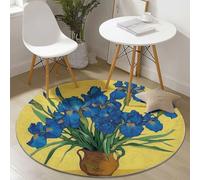Flanelle Tapis Rond Fleurs Style Peinture À l'huile Iris Thème, Diamètre 120 cm pour Balcon Jardin Salon et Salle à Manger, Jaune Bleu Tapis Rond Antidérapant à Poils Courts Décoration de la Maison