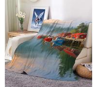 Flannel Fleece Queen Size Blanket for Bed,Boats and Houses in The Water Soft Fluffy Velvet Bed with Decorative Pattern All Season, Warm and Lightweight 100x130cm