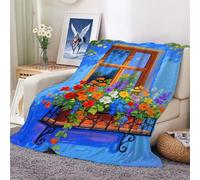 Flannel Throw Blanket,Blue Flower Window sill Cozy and Soft Plush Warm Blankets for Bed Couch Living Room Sofa Chair 100x130cm