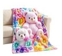 Flannel Throw Blanket Colorful - Pastel Bear Flower Warm Decor | | Soft Fleece Bedcover Long-Tail Lightweight Couch Sofa Cover Cute Floral Animal Plush Bedspread Home Bedroom Aesthetic