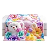 Flannel Throw Blanket Colorful - Pastel Bear Flower Warm Decor | | Soft Fleece Bedcover Long-Tail Lightweight Couch Sofa Cover Cute Floral Animal Plush Bedspread Home Bedroom Aesthetic