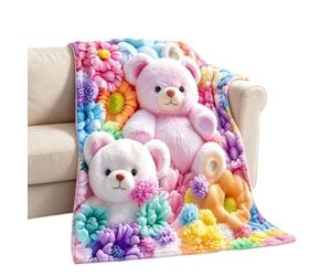 Flannel Throw Blanket Colorful - Pastel Bear Flower Warm Decor | | Soft Fleece Bedcover Long-Tail Lightweight Couch Sofa Cover Cute Floral Animal Plush Bedspread Home Bedroom Aesthetic