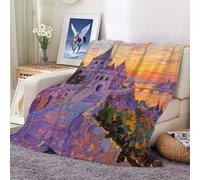 Flannel Throw Blanket for Couch, Soft Plush Velvet Fleece with Decorative Oil Painting of The Castle Sunrise Design 100x130cm