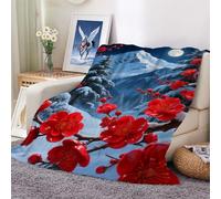 Flannel Throw Blanket for Couch, Soft Plush Velvet Fleece with Decorative Snow Mountains and safflowers Design 100x130cm