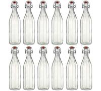 Flaschenland Lot de 12 bouteilles en verre de 1000 ml avec bouchon mécanique - Design unique - Bouteilles hermétiques à étrier pour limonade, jus, liqueur, eau, huile à la maison ou dans les cafés et
