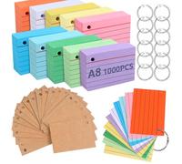 Flash Cards 1000 Pièces A8 Lignées Multicolores avec 12 Anneaux de Reliure, Fiches Bristol Perforées, Cartes de Révision et Index pour École, Bureau et Étude du Vocabulaire