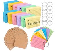 Flash Cards 1200 Pièces A8 Lignées Multicolores avec 14 Anneaux de Reliure, Fiches Bristol Perforées, Cartes de Révision et Index pour École, Bureau et Étude du Vocabulaire