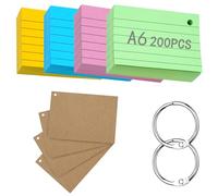 Flash Cards 200 Pièces A6 Lignées Multicolores avec 3 Anneaux de Reliure, Fiches Bristol Perforées, Cartes de Révision et Index pour École, Bureau et Étude du Vocabulaire