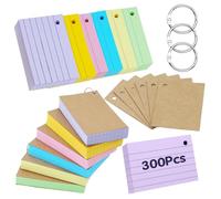 Flash Cards 300 Pièces A7 Lignées Multicolores avec 4 Anneaux de Reliure, Fiches Bristol Perforées, Cartes de Révision et Index pour École, Bureau et Étude du Vocabulaire