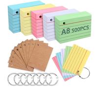 Flash Cards 500 Pièces A8 Lignées Multicolores avec 7 Anneaux de Reliure, Fiches Bristol Perforées, Cartes de Révision et Index pour École, Bureau et Étude du Vocabulaire