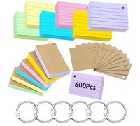 Flash Cards 600 Pièces A8 Lignées Multicolores avec 7 Anneaux de Reliure, Fiches Bristol Perforées, Cartes de Révision et Index pour École, Bureau et Étude du Vocabulaire