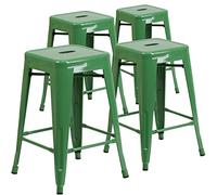 Flash Furniture 61 cm Haute Dos Nu en métal Noir intérieure/extérieure Comptoir Hauteur Tabouret avec Assise carrée, Métal, Green, 4 Pack