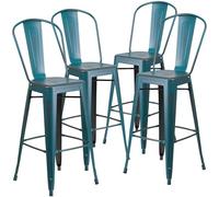 Flash Furniture Blake Lot de 4 tabourets de Bar d'intérieur et d'extérieur en métal Vieilli avec Dossier Bleu Sarcelle 76,2 cm