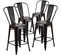 Flash Furniture Lily Lot de 4 tabourets de comptoir d'intérieur et d'extérieur en métal doré Vieilli avec Dossier Amovible 61 cm de Haut