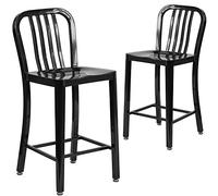 Flash Furniture Lot de 2 chaises de Bar de qualité Commerciale, 61 cm de Haut, en métal, pour intérieur et extérieur, Dossier à Lattes Verticales, Noir