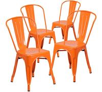 Flash Furniture Lot de 4 chaises empilables en métal de qualité Commerciale pour intérieur/extérieur, Caoutchouc Plastique, Orange, Lot de 4
