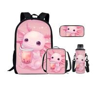 Flashideas Axolotl Lot de 4 sacs à dos d'école légers pour enfants avec boîte à déjeuner, trousse à crayons et housse pour bouteille d'eau, sac à dos léger pour petite fille, maternelle