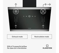 Klarstein FlashLine hotte aspirante - hotte de cuisine 60 cm, écran tactile, 524 m³/h, CEE A++, éclairage LED, silencieuse avec 34,5 dB, noire, conduit & recirculation