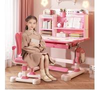 FLASIDU Ensemble de table pour enfants,Chaise de bureau réglable pour enfants d'étude, 3-18ans, Rose, Hauteur réglable, tiroir