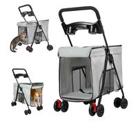 FLASIDU Poussette à Roulette pour Animaux de Compagnie, Chariot Pliable et Portable avec Fenêtre de Ventilation en Maille, Gris