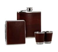 flasque à alcool et etui cigarettes simili cuir marron en coffret