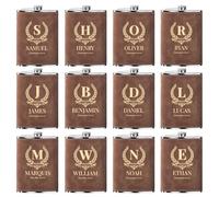 Flasque a Alcool Fiole Personnalisé 12 Pièces Whisky Acier Inoxydable 304 Cadeaux de Mariage Flask Cuir Gravé Marron 8oz