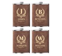 Flasque a Alcool Fiole Personnalisé 4 Pièces Whisky Acier Inoxydable 304 Cadeaux de Mariage Flask Cuir Gravé Marron 8oz