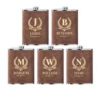 Flasque a Alcool Fiole Personnalisé 5 Pièces Whisky Acier Inoxydable 304 Cadeaux de Mariage Flask Cuir Gravé Marron 8oz