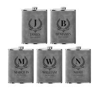 Flasque a Alcool Fiole Personnalisé 5 Pièces Whisky Acier Inoxydable 304 Cadeaux de Mariage Flask Cuir Gravé Gris 8oz
