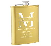 Flasque a Alcool Personnalisé, Flasque Whisky Inox 304 8oz/227ml Personnalisable, Cadeau Personnalisé Homme avec Texte pour Témoins du Marié Groomsman, Cadeau de Mariage (Doré)