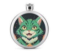 Flasque à whisky en acier inoxydable avec motif chat vert anime - 140 ml - Étanche - Portable - Pour extérieur, camping, voyage, cadeaux