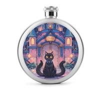 Flasque à whisky portable en acier inoxydable étanche avec motif de chat et château magique pour alcool, camping, voyage, cadeaux - 140 ml