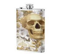 Flasque de poche blanche et dorée avec motif tête de mort et roses 236,8 g, drapeaux en acier inoxydable pour papa, témoin, mariage, voyage, camping