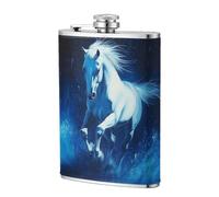 Flasque de poche en acier inoxydable avec motif cheval blanc au galop dans le bleu foncé, 236,8 g, pour papa, témoin, mariage, voyage, camping