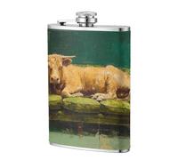 Flasque de poche en acier inoxydable pour papa, garçon d'honneur, mariage, voyage, camping - Motif vache marron allongée sur un canapé vert foncé - 236,8 g