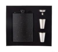 Flasque en acier inoxydable avec couvercle à charnière pour un transport sécurisé du whisky, du rhum, de l'alcool avec entonnoir et deux petites tasses de service