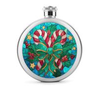 Flasque en acier inoxydable avec deux cannes à sucre croisées avec nœud de Noël vert - Flasque de poche ronde portable pour boisson - 140 ml